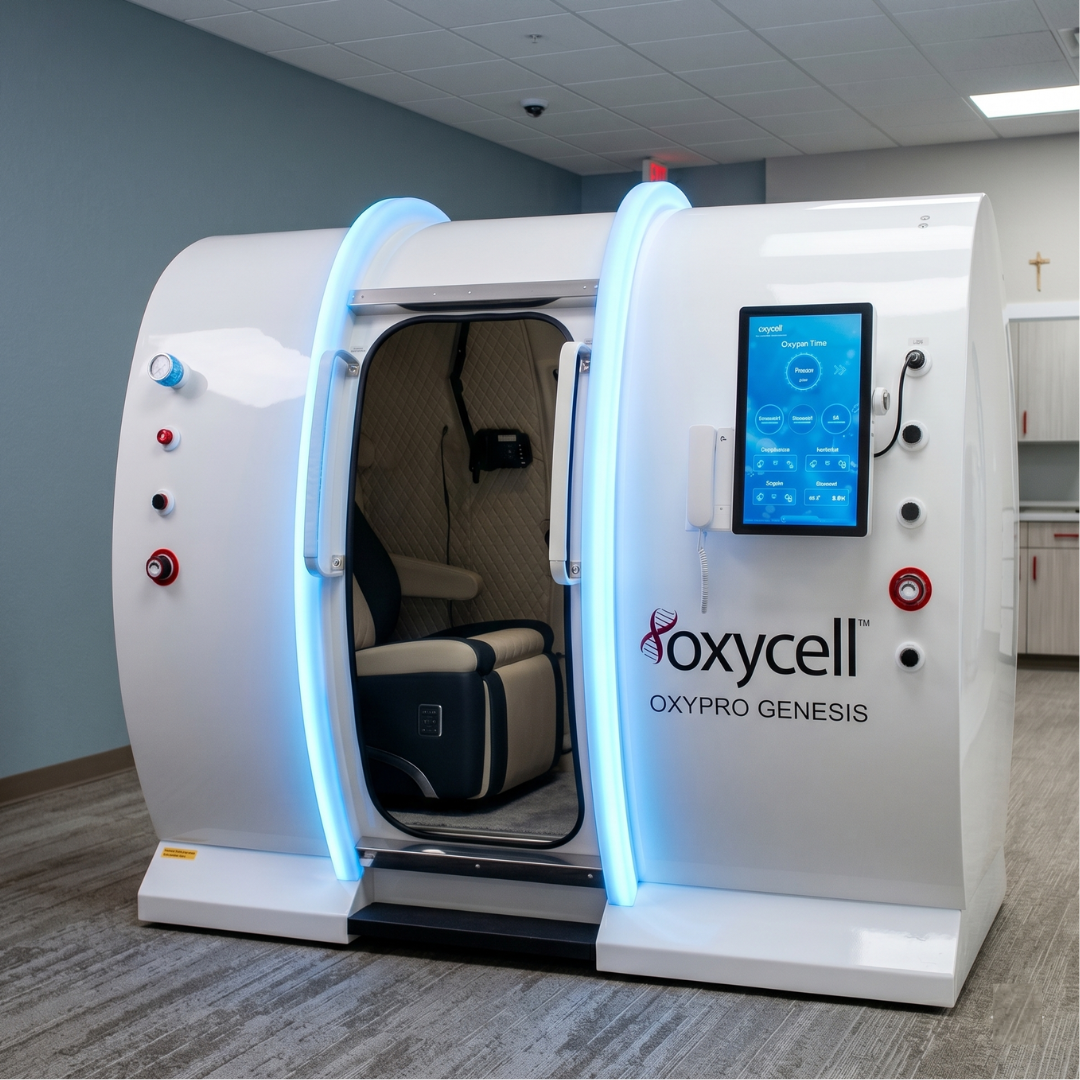 Picture of the upright seated hyperbaric chamber therapy available at Michigan Health & Wellness.